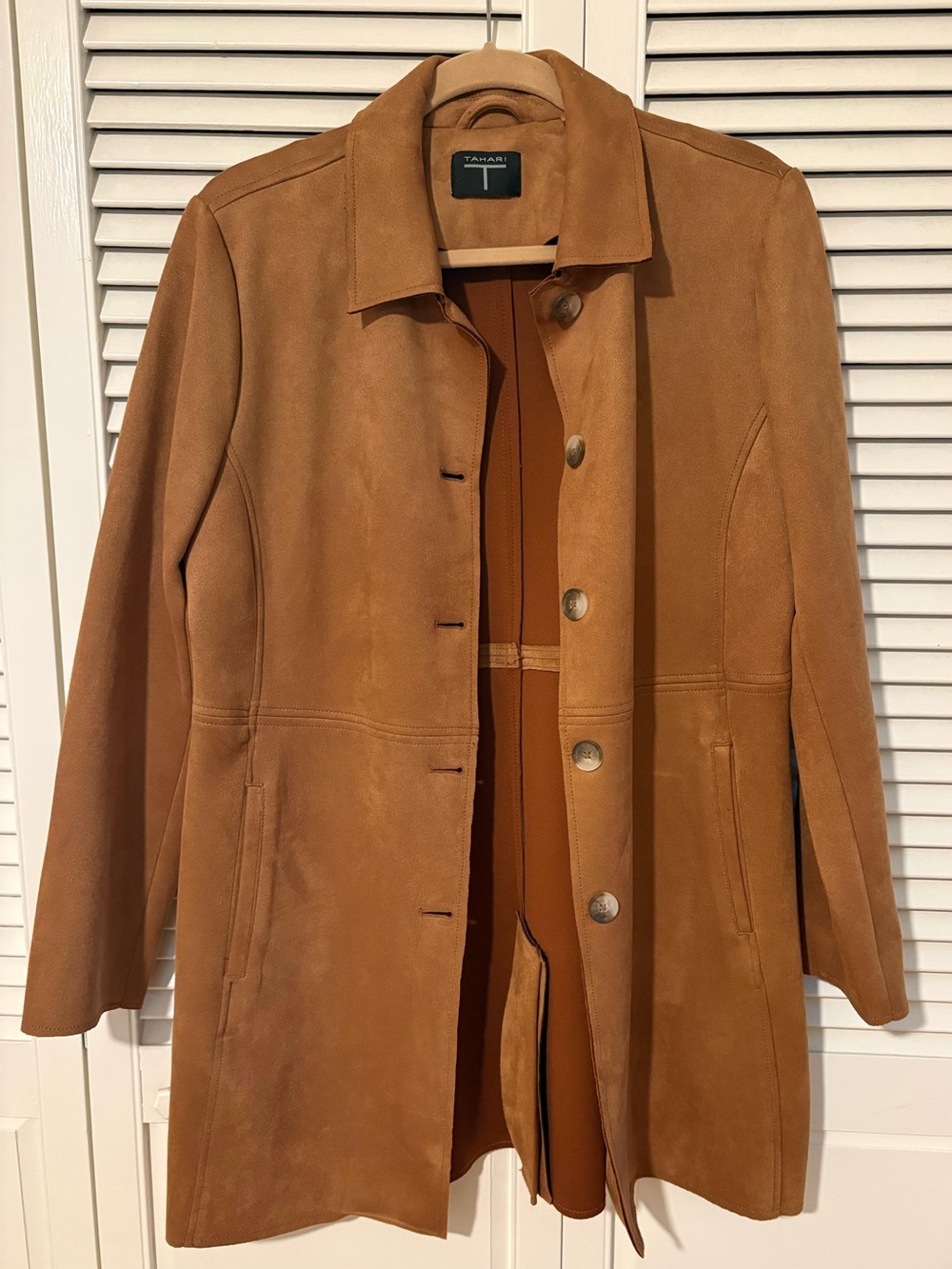 Tahari Cognac Suede Button-Front Coat